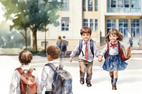 Little students walking home after school, watercolor illustration remix