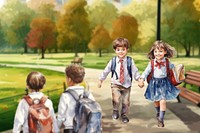 Little students walking home after school, watercolor illustration remix