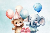 Cute birthday elephant and bear cartoon, watercolor illustration remix