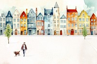 Colorful European buildings background, watercolor illustration remix