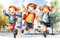 Happy students, watercolor illustration remix