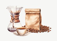 Coffee set, watercolor collage element psd