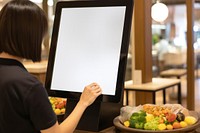 Touch screen sign restaurant adult food. 