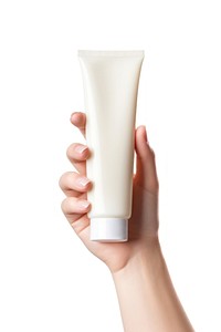 Cosmetics bottle hand white background. 