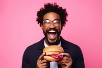 African american man hamburger laughing holding. 