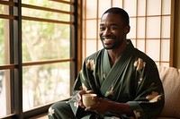 Japanese sitting coffee smile. 