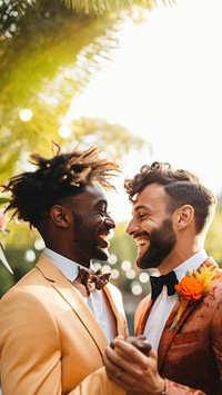 Gay couple newlywed dancing together laughing wedding adult. AI generated Image by rawpixel.
