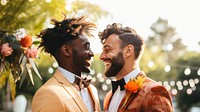 Gay couple newlywed dancing together wedding adult togetherness. 