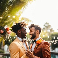 Gay couple newlywed dancing together outdoors wedding adult. 