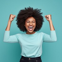 Black woman happy shouting laughing adult. 