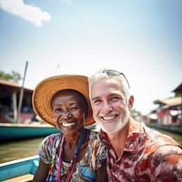 Floating market laughing portrait outdoors. 