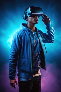 Man using virtual reality headset technology portrait illuminated. 