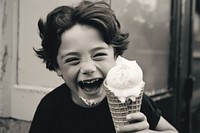 Boy laughing dessert holding. 