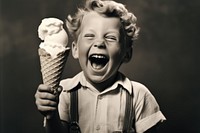 Boy laughing dessert holding. 