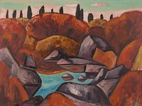 Flaming Pool—Dogtown (1931) painting in high resolution by Marsden Hartley. Original from the Yale University Art Gallery. 