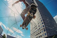 Broken glass under skateboarder