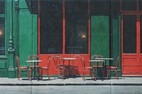 Outdoor cafe seating, paper textured image