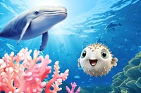 3D whale & puffer fish, ocean underwater remix