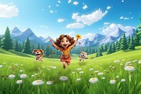 3D little girl & pet running through flower field remix