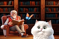3D old man reading in library remix