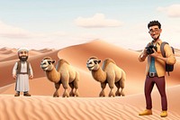 3D photographer in desert with camels, travel remix