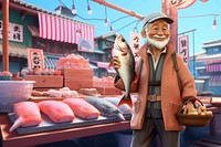 3D man selling fish, fresh market remix