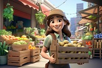 3D farmer girl holding potato crate remix