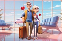 3D old couple traveling, airport remix