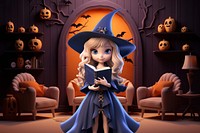 3D Halloween witch holding spell book remix