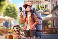 3D backpacker woman tourist with dog remix