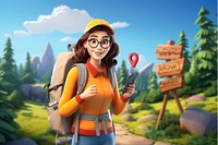 3D tourist woman using smartphone, outdoors travel remix