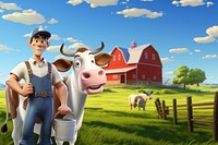 3D farmer and dairy cow, agriculture remix