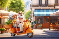 3D old couple on scooter, travel remix