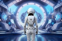 3D woman in spacesuit on spaceship remix