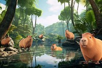 3D cute capybaras in a river remix