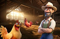 3D farmer in a barn with animals, agriculture remix