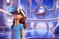 3D girl wearing VR, futuristic remix