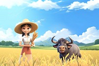 3D Asian rice farmer, agriculture remix