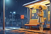 3D woman at bus stop on rainy day remix