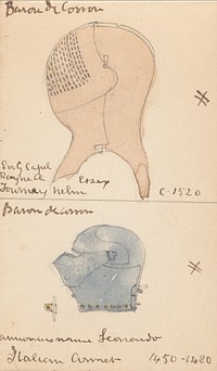 Memorandum Book Showing Colored Sketches Mostly of European Helmets