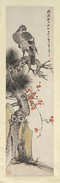 Hawk, pine, plum, and rock by Zhu Cheng