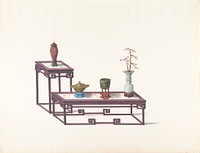 Two Tables with a Purple Finish, One with a Red Vase, the Other with Three Vases