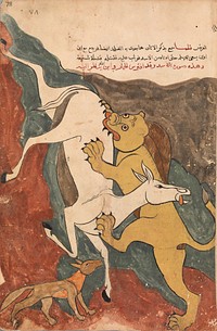 "The Monkey Tells the Story of the Fox Luring the Ass to its Death by the Lion", Folio from a Kalila wa Dimna, second quarter 16th century