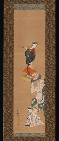 The Warrior Asahina Yoshihide Lifting a Puppet of a Courtesan on a Go Board