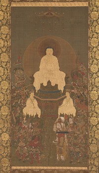 Shaka (Shakyamuni), the Historical Buddha, with Two Attendant Bodhisattvas and Sixteen Benevolent Deities, unidentified artist