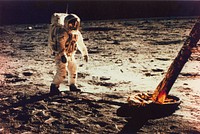 Buzz Aldrin Walking on the Surface of the Moon Near a Leg of the Lunar Module