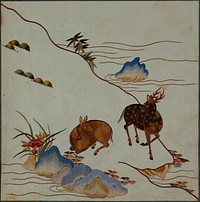 Landscape with Pair of Spotted Deer, Bamboo, Pine, Lingzhi Fungus, Iris, Water plants and Rocks