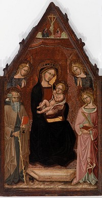 Virgin and Child with Two Angels and Saints Anthony Abbot and Catherine of Alexandria and the Crucifixion by Cristoforo di Bindoccio, Meo di Piero