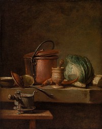 Still Life with Copper Pot, Cabbage, Pestle, and Stove (Table de cuisine avec marmite de cuivre, chou, égrugeoir et réchaud) by Jean Siméon Chardin