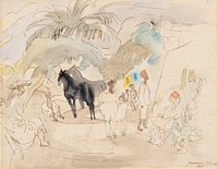 Figures and Two Horses in Landscape by Jules Pascin